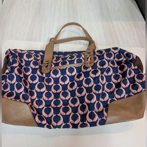 Navy & Coral Patterned Weekender Tote with Tan Accents